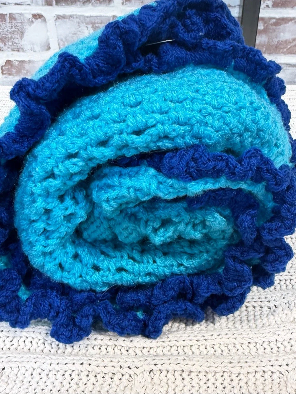 Handmade Baby Turquoise Crochet blanket with Navy ruffle Trim